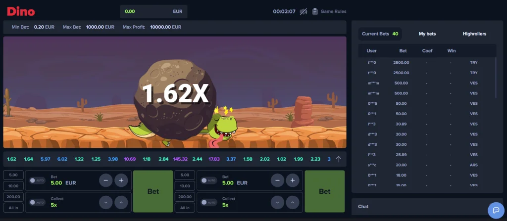 Dino MyStake Crash Game desktop crash moment at 1.62x with asteroid impact