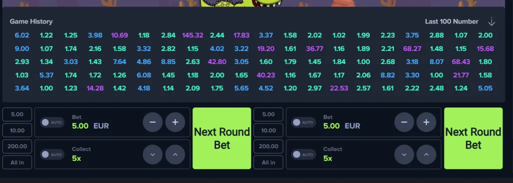 Dino MyStake session showing previous crash multipliers in history table