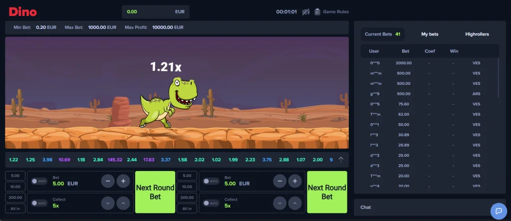 MyStake Dino Crash Game desktop interface showing running dino and 1.21x multiplier