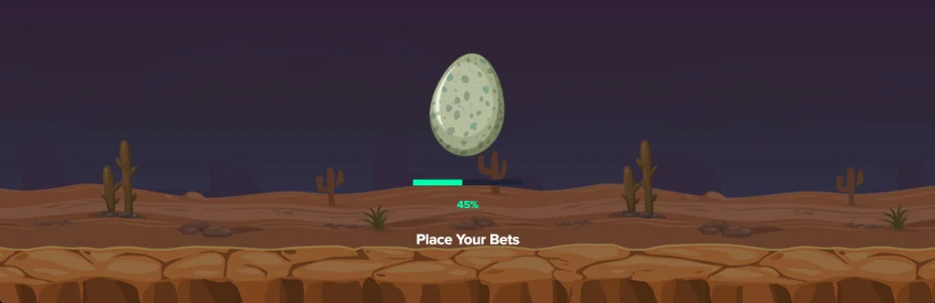 MyStake Dino Crash Game egg loading screen prompting players to place bets