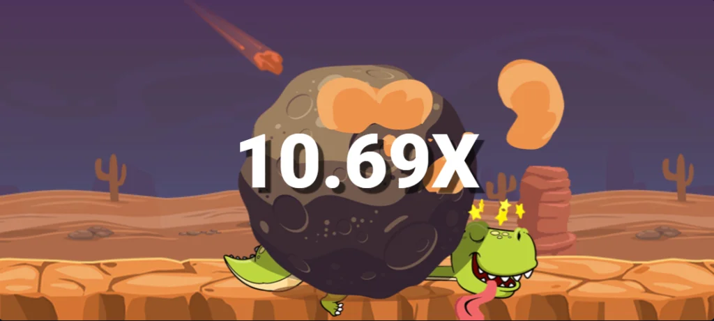 Dino MyStake Crash Game high multiplier result at 10.69x after asteroid drop