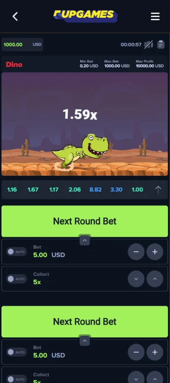 Dino MyStake mobile screenshot showing 1.59x multiplier during run animation