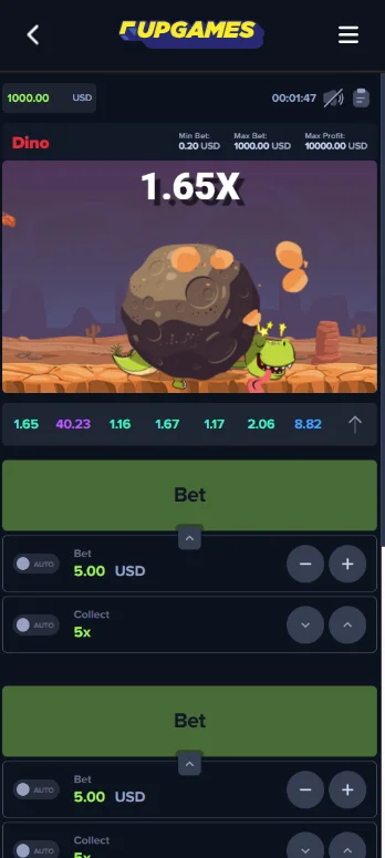 Dino MyStake mobile screen with asteroid impact and 1.65x crash point