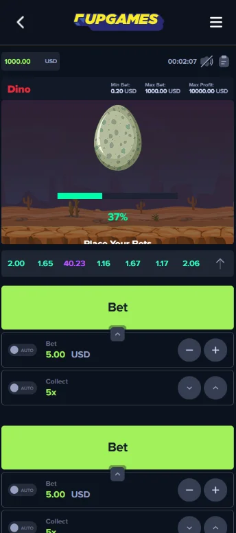 MyStake Dino Crash Game egg stage screenshot showing bet preparation phase on mobile
